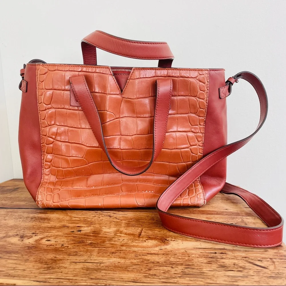 Vince Baby Signature V Croc Embossed Leather Handbag Purse